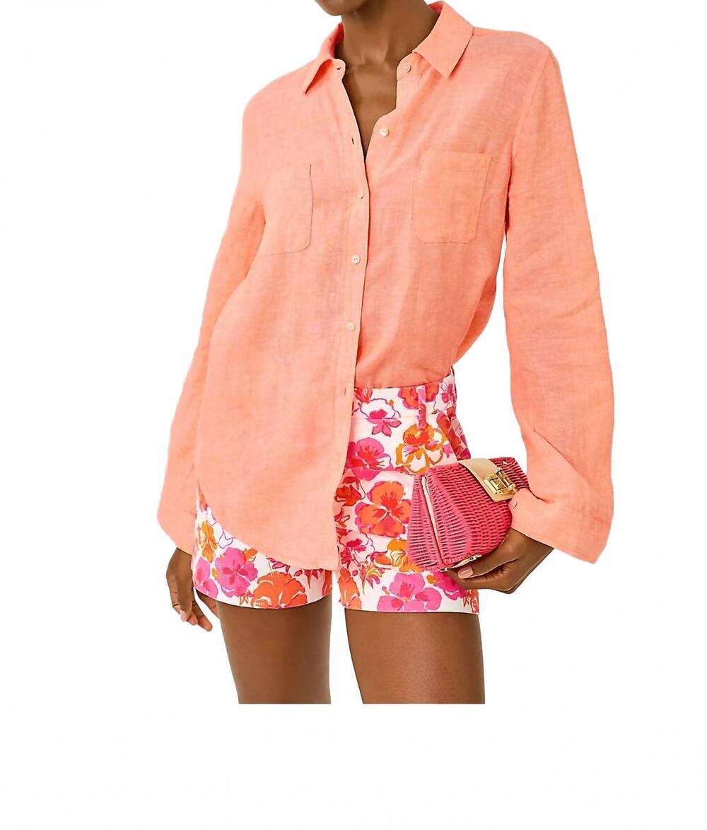 NEW LILLY PULITZER sea view linen button down top in sunset orange x resort whit